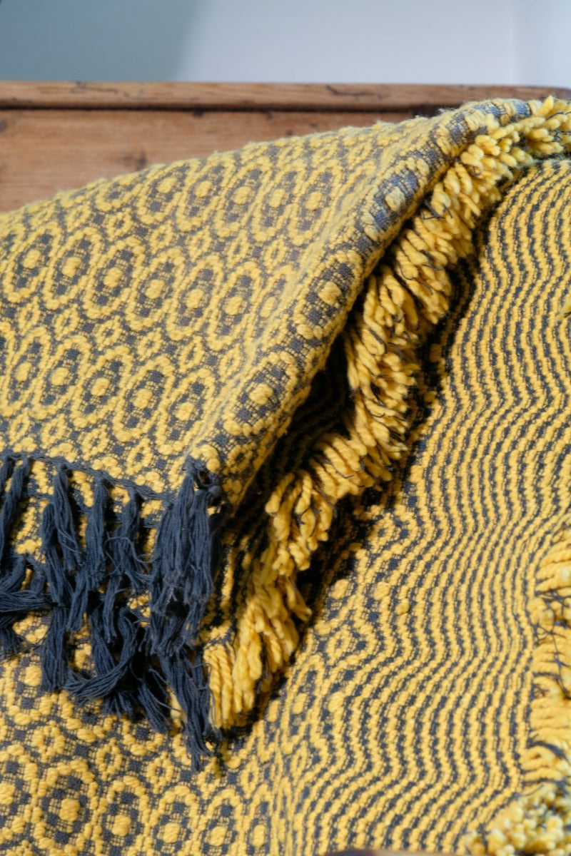 Vintage Saffron & Black Patterned Woollen Blanket Circa 1950s