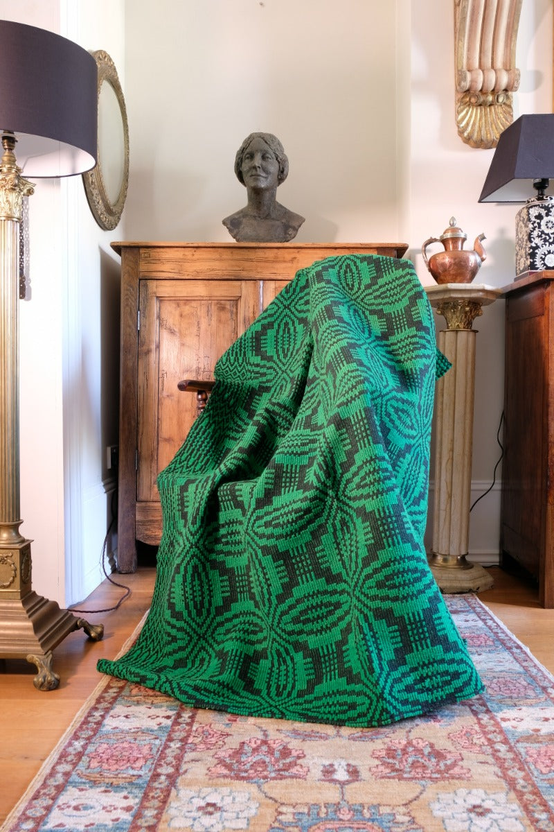 Vintage Green Geometric Patterned Woollen Blanket Circa 1950s