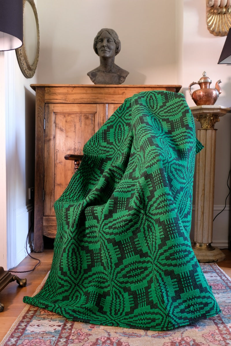 Vintage Green Geometric Patterned Woollen Blanket Circa 1950s