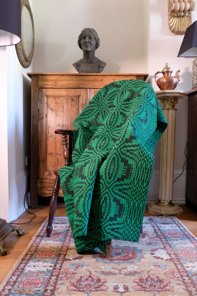 Vintage Green Geometric Patterned Woollen Blanket Circa 1950s