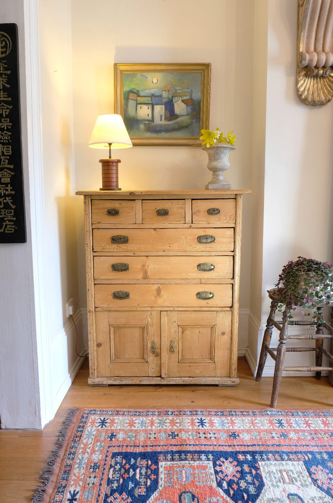 Victorian pine chest of drawers with cupboard base English antique