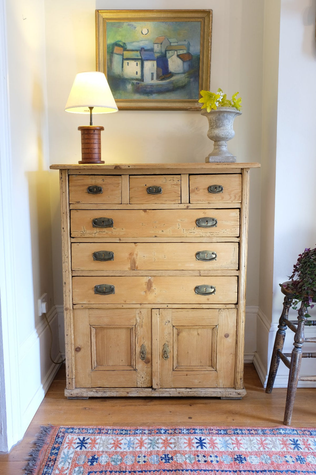 Victorian pine chest of drawers with cupboard base English antique
