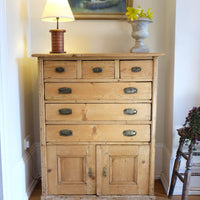 Victorian pine chest of drawers with cupboard base English antique