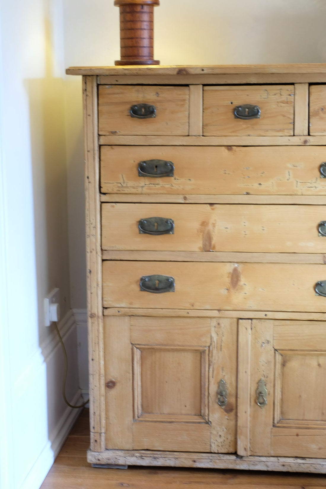 Victorian pine chest of drawers with cupboard base English antique