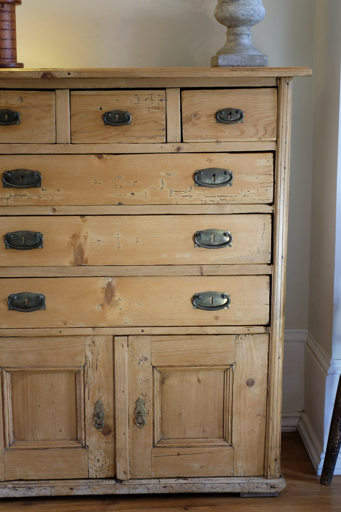 Victorian pine chest of drawers with cupboard base English antique