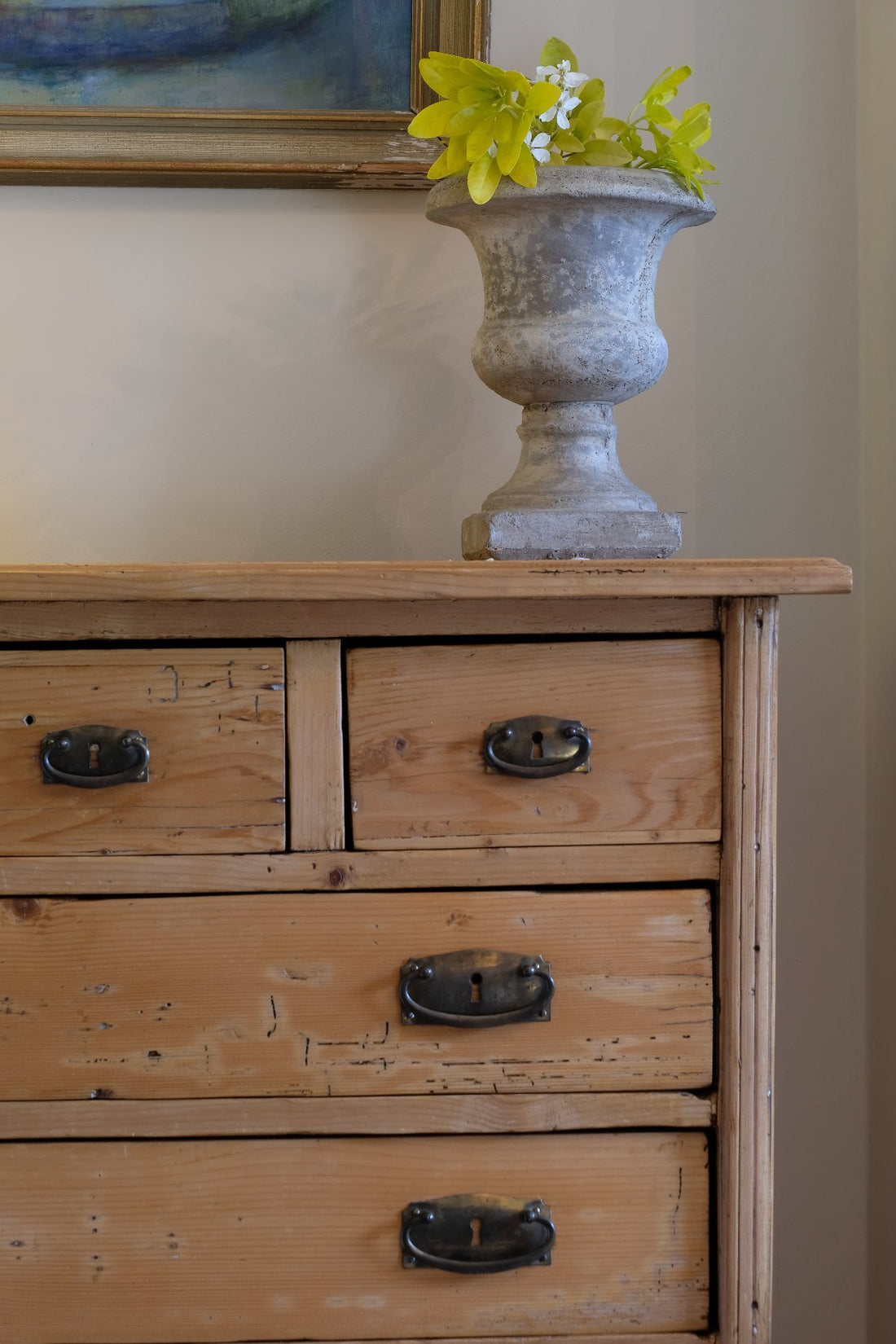 Victorian pine chest of drawers with cupboard base English antique