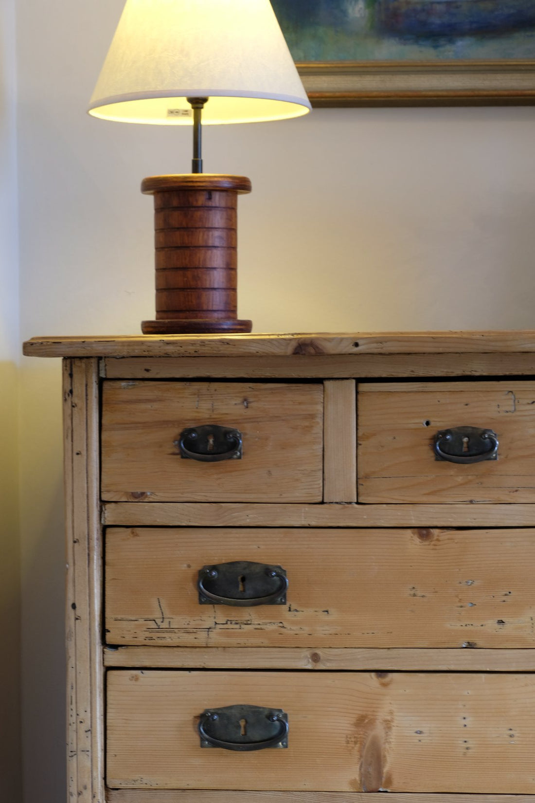 Victorian pine chest of drawers with cupboard base English antique