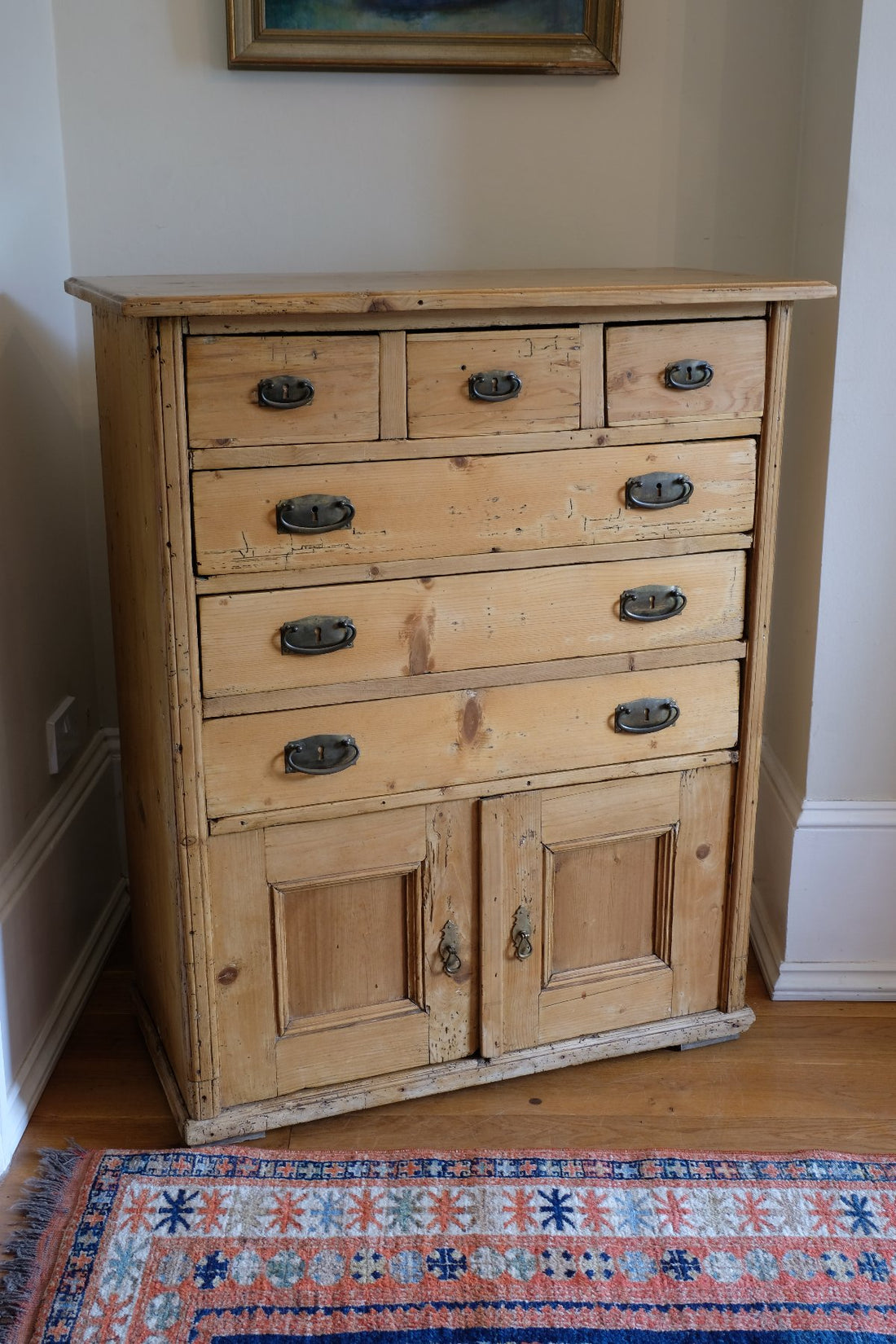 Victorian pine chest of drawers with cupboard base English antique