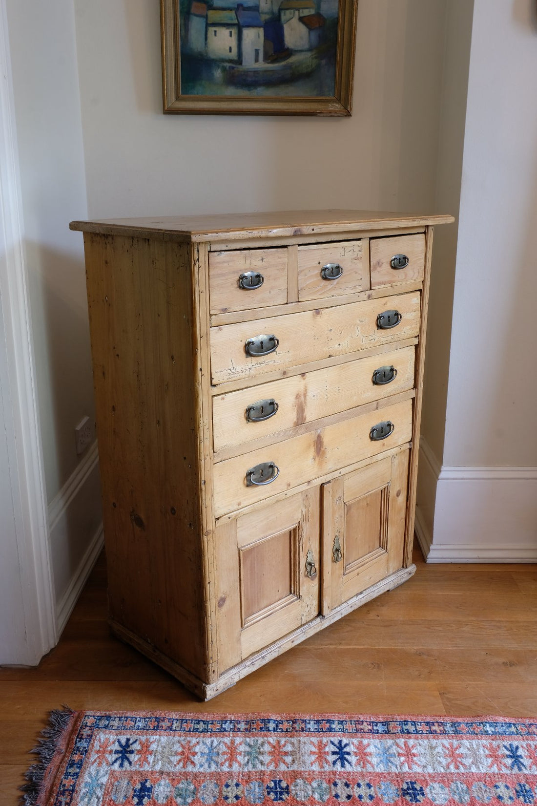 Victorian pine chest of drawers with cupboard base English antique