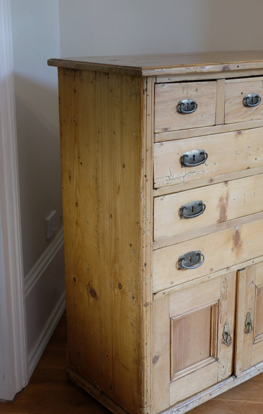 Victorian pine chest of drawers with cupboard base English antique