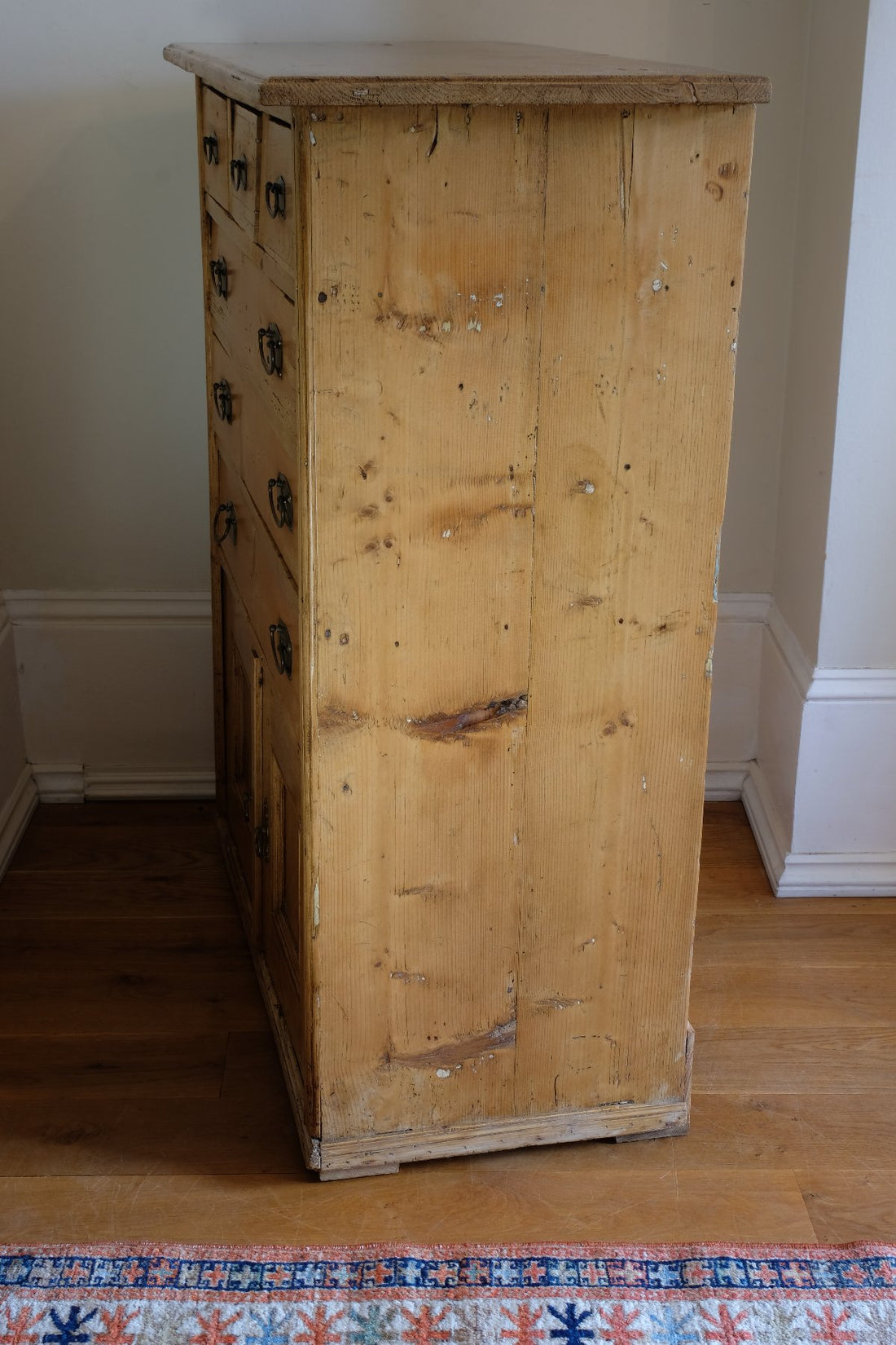 side view - Victorian pine chest of drawers with cupboard base English antique
