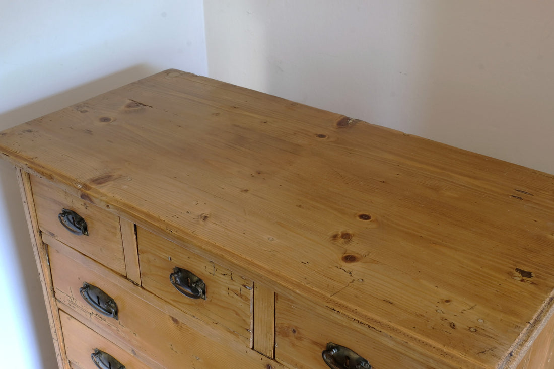 Top view - Victorian pine chest of drawers with cupboard base English antique