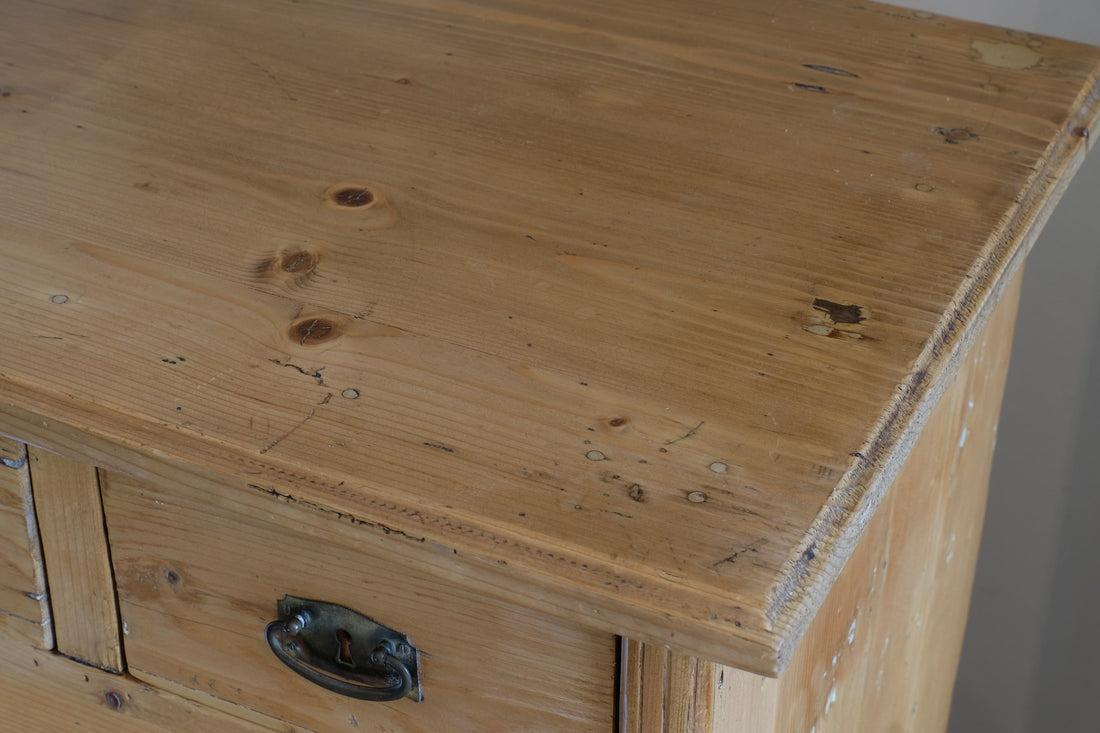Top corner view - Victorian pine chest of drawers with cupboard base English antique