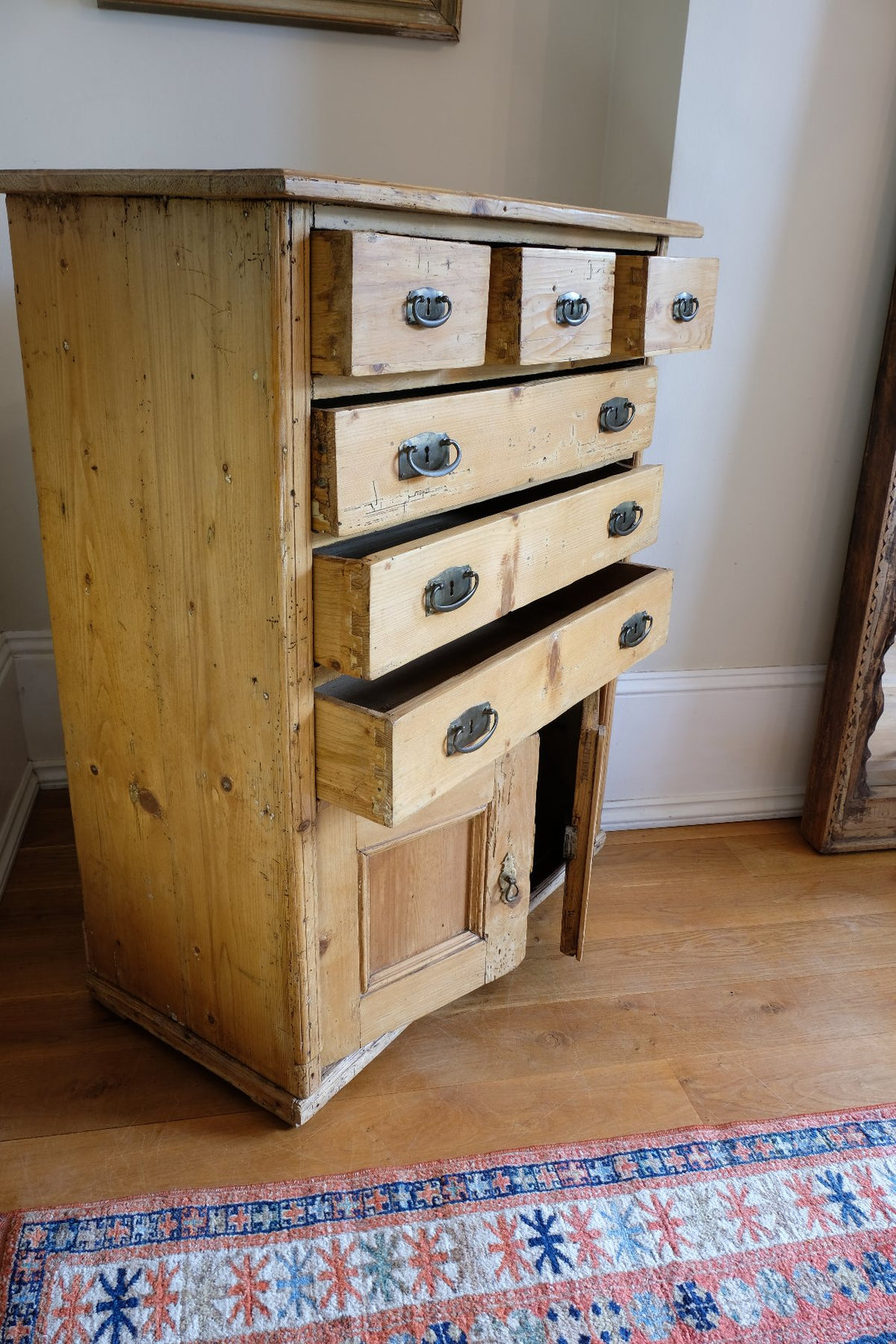 Victorian pine chest of drawers with cupboard base English antique