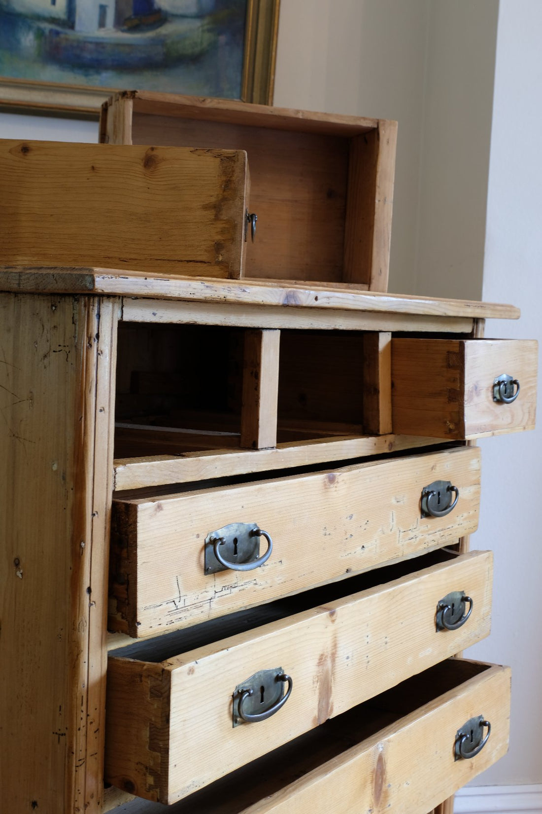 Victorian pine chest of drawers with cupboard base English antique
