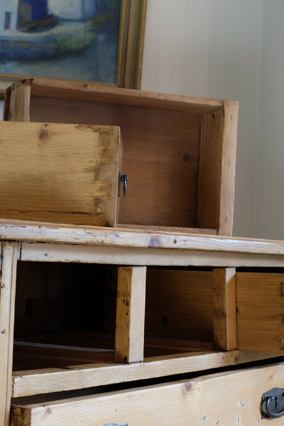 Victorian pine chest of drawers with cupboard base English antique