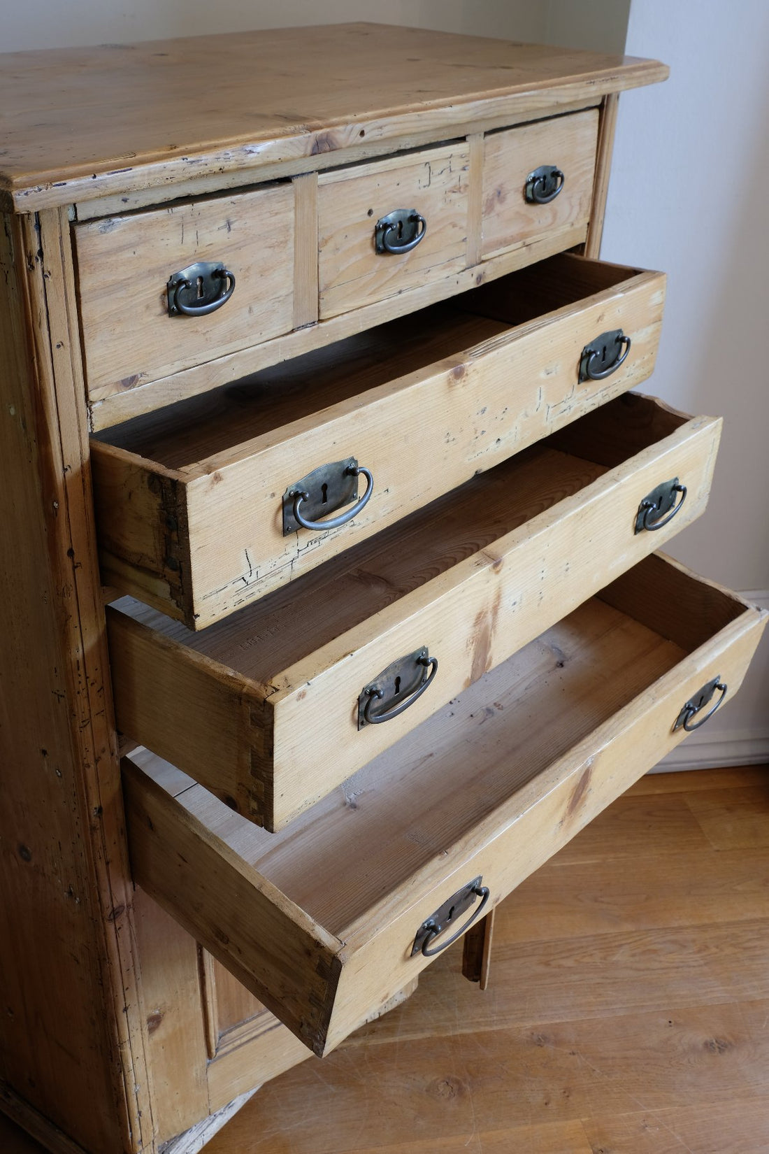 Victorian pine chest of drawers with cupboard base English antique