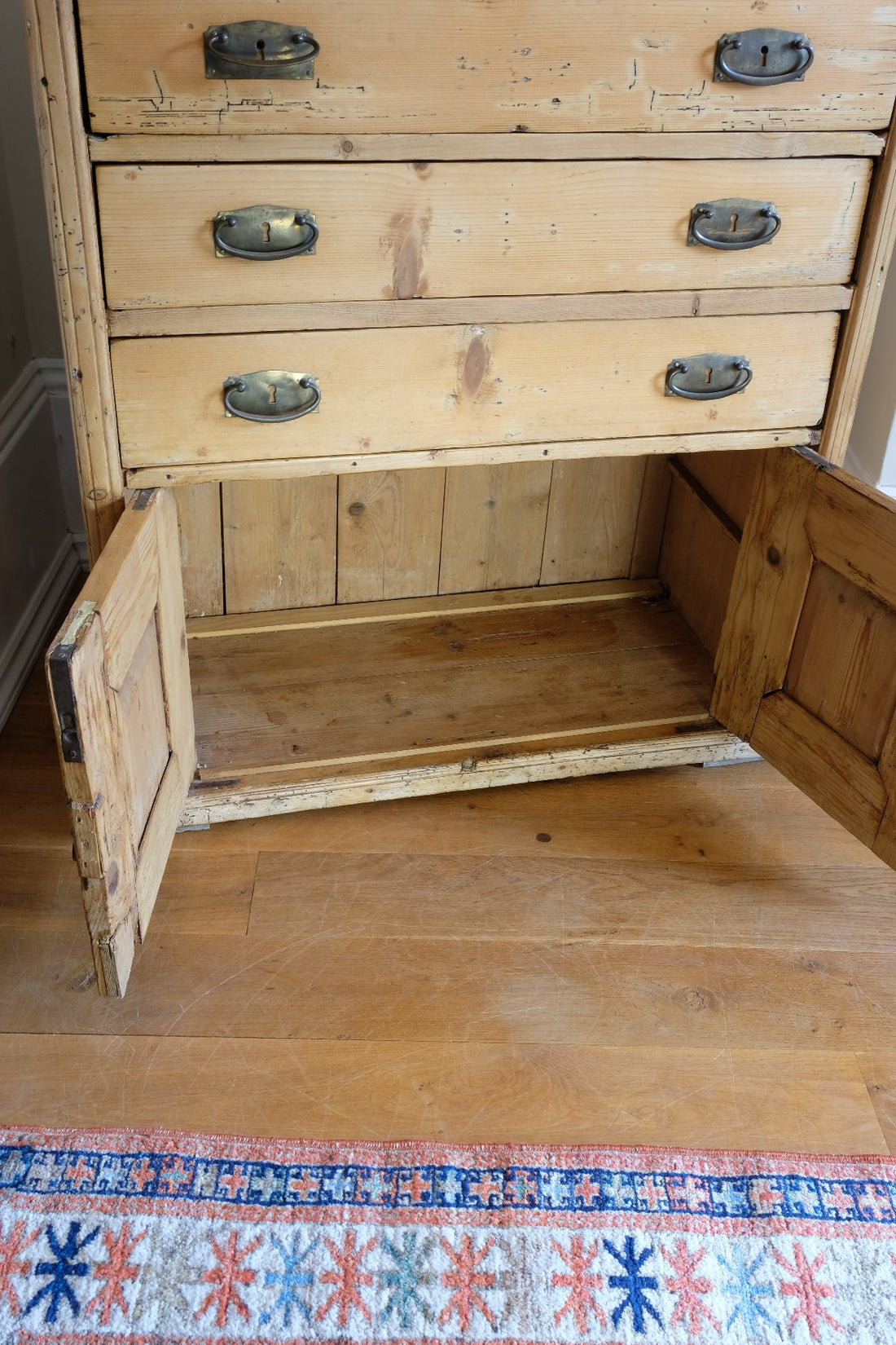 Inside  view - Victorian pine chest of drawers with cupboard base English antique