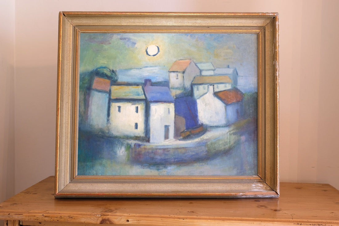 Mid century harbour oil painting, vintage coastal scene with cottages and moonlight