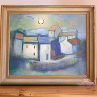 Mid century harbour oil painting, vintage coastal scene with cottages and moonlight