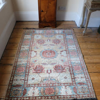 Vintage Light Blue And Pink Caucasian Rug