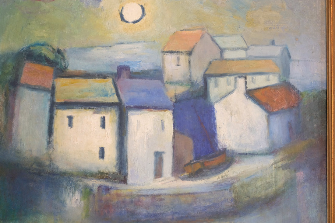 Mid century harbour oil painting, vintage coastal scene with cottages and moonlight