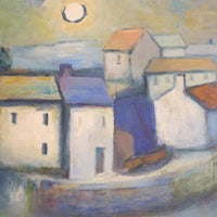 Mid century harbour oil painting, vintage coastal scene with cottages and moonlight