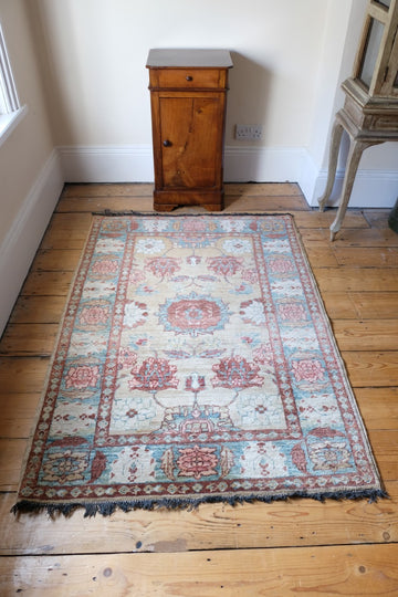 Vintage Light Blue And Pink Caucasian Rug