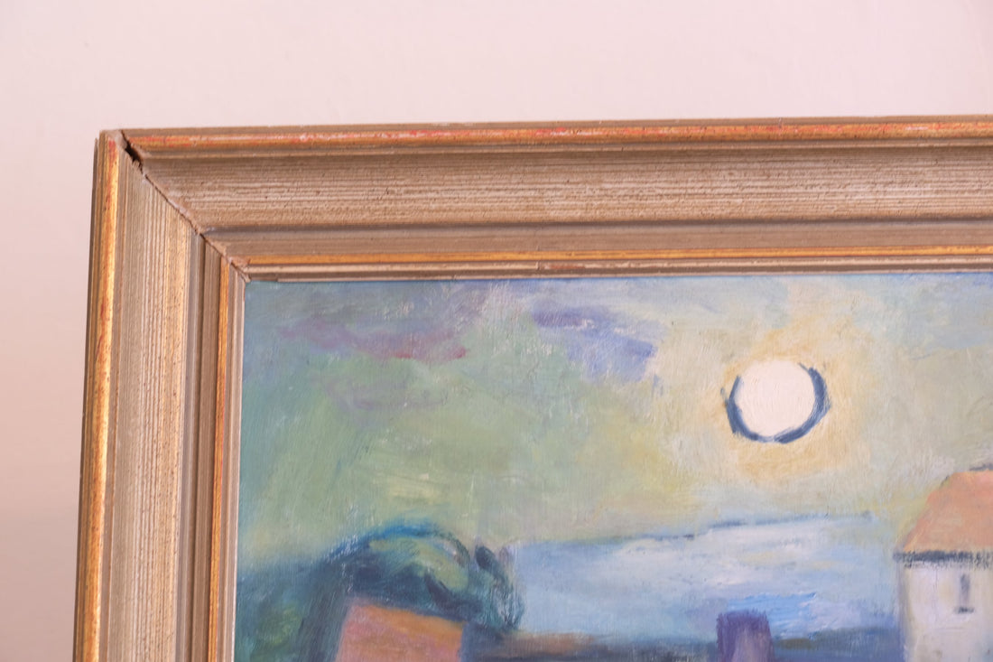 Mid century harbour oil painting, vintage coastal scene with cottages and moonlight
