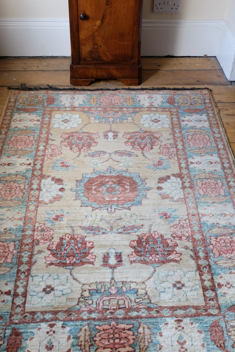 Vintage Light Blue And Pink Caucasian Rug