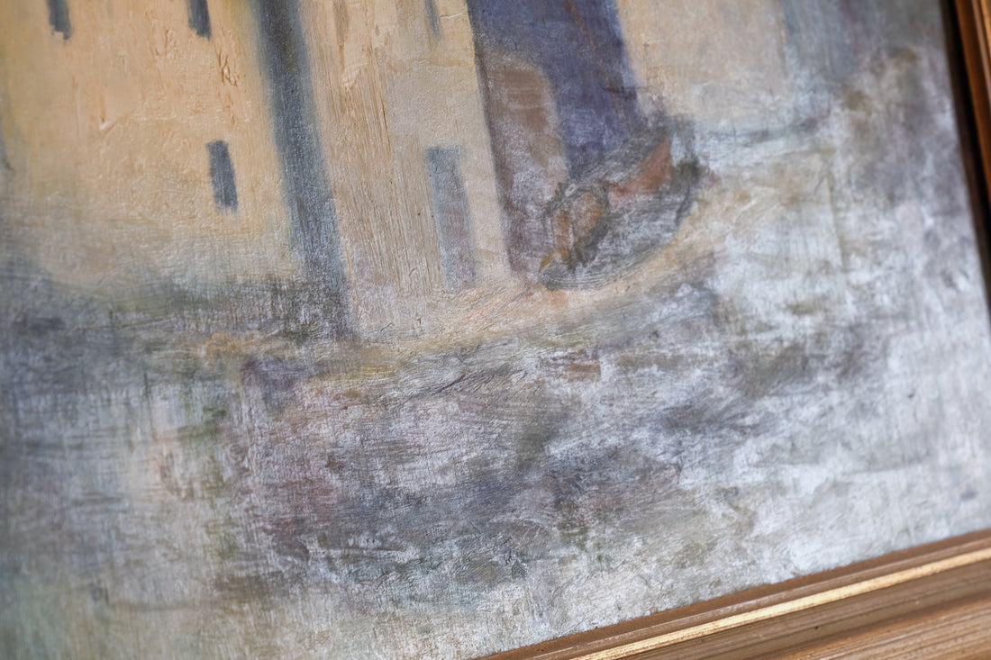 close up of paint - Mid century harbour oil painting, vintage coastal scene with cottages and moonlight