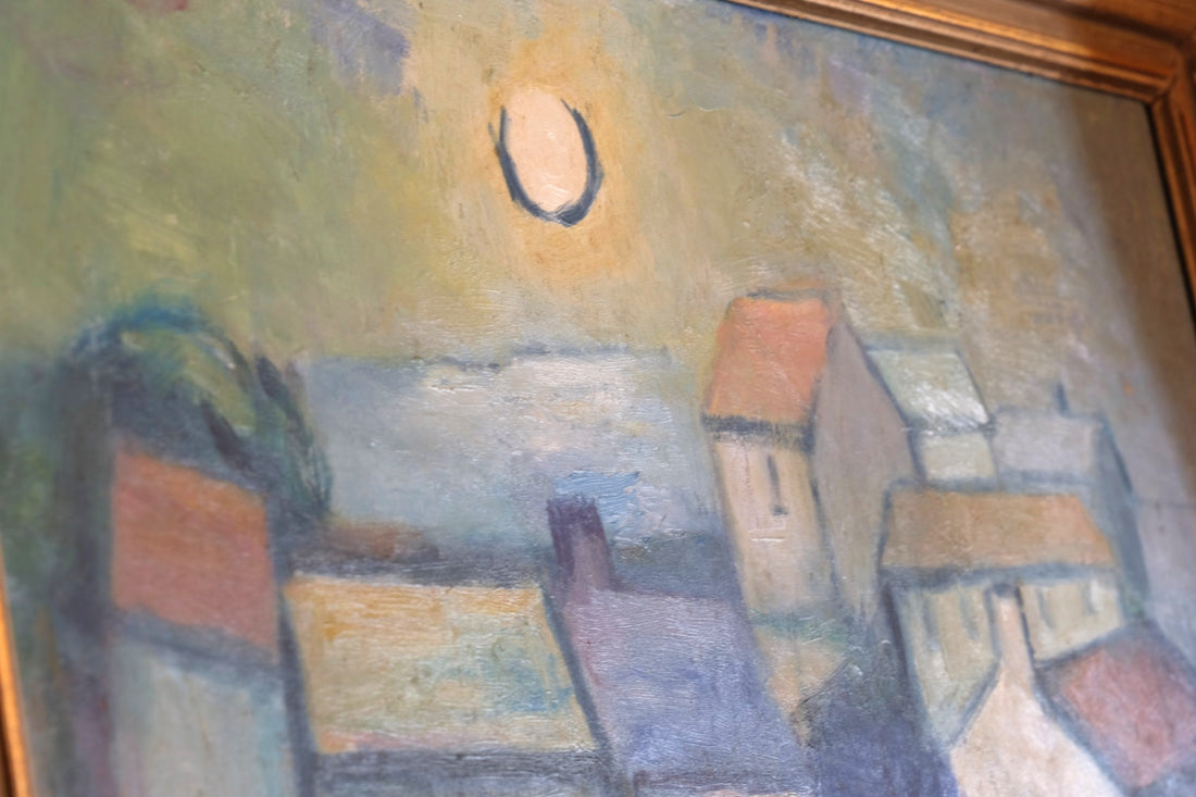 close up of paint - Mid century harbour oil painting, vintage coastal scene with cottages and moonlight