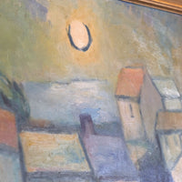 close up of paint - Mid century harbour oil painting, vintage coastal scene with cottages and moonlight