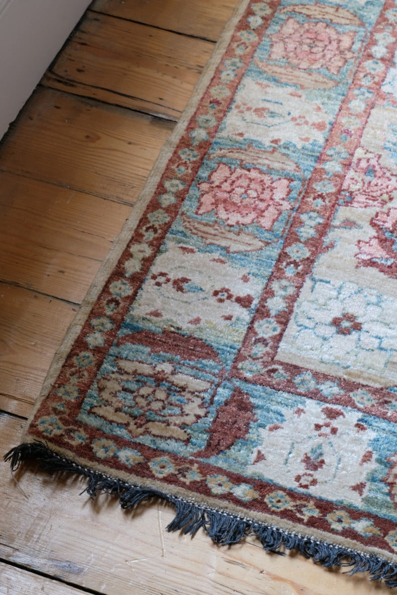 Vintage Light Blue And Pink Caucasian Rug