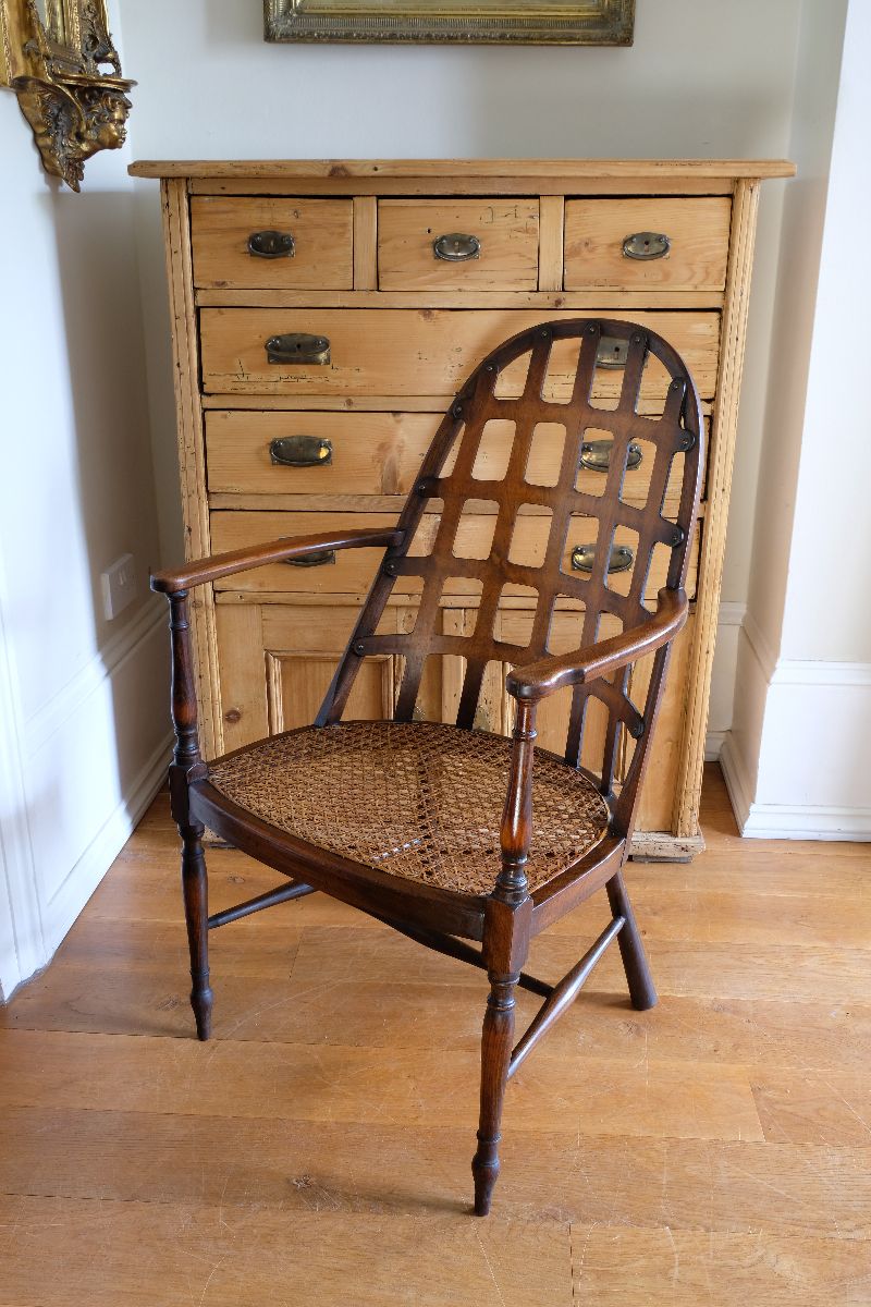 Rare Edwardian bentwood lattice back armchair attributed to Jas Shoolbred with pierced Arts & Crafts design