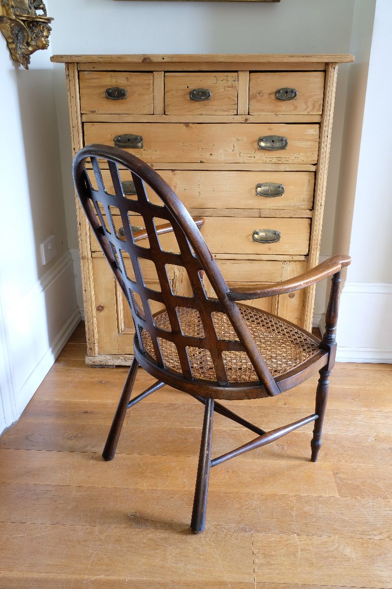 Rare Edwardian bentwood lattice back armchair attributed to Jas Shoolbred with pierced Arts & Crafts design