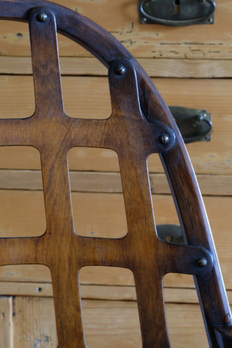close up of the lattice back - Rare Edwardian bentwood lattice back armchair attributed to Jas Shoolbred with pierced Arts & Crafts design