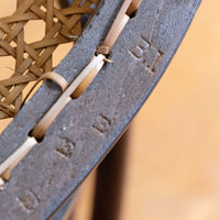 Manufacturing B1 stamp on a Rare Edwardian bentwood lattice back armchair attributed to Jas Shoolbred with pierced Arts & Crafts design
