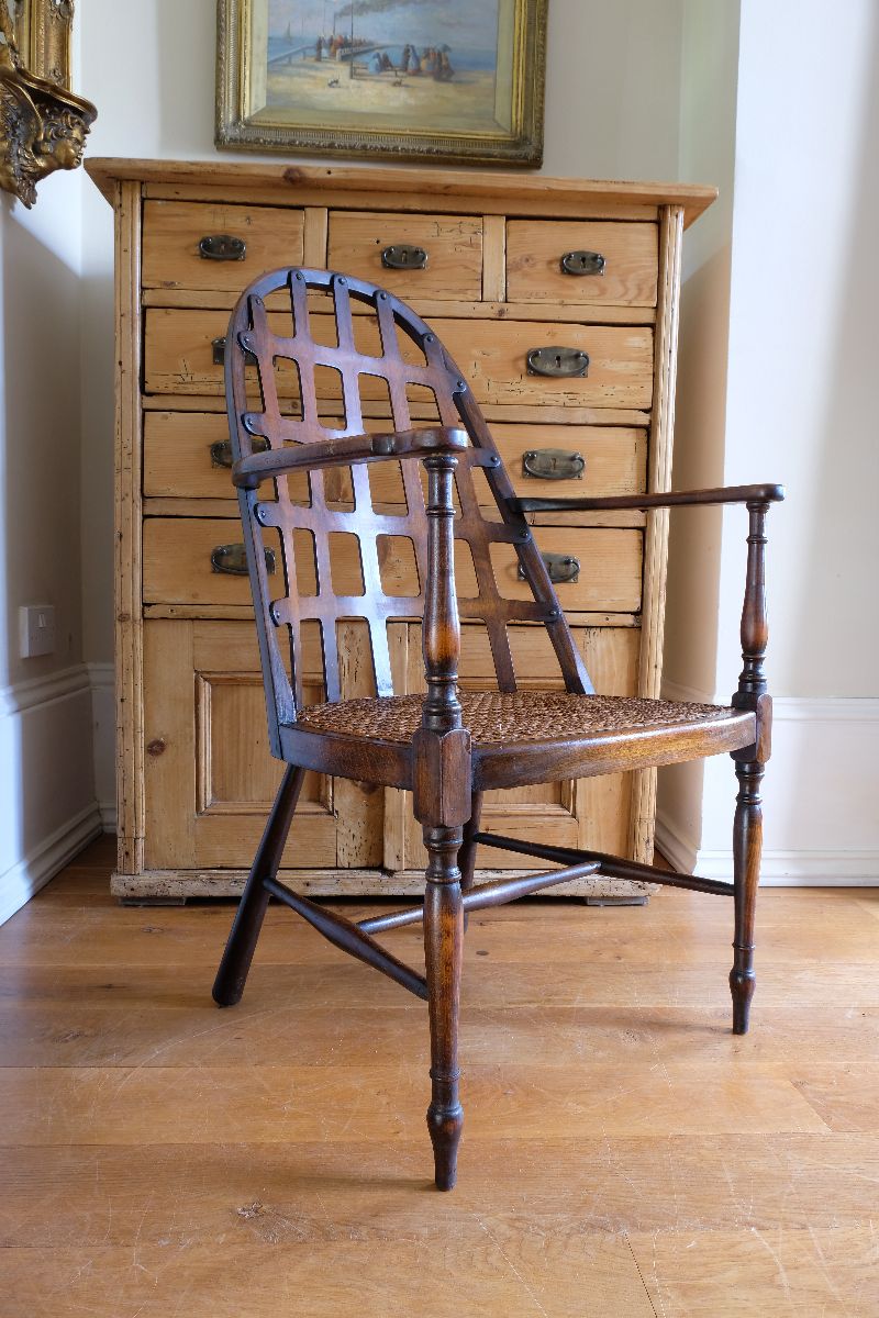 Rare Edwardian bentwood lattice back armchair attributed to Jas Shoolbred with pierced Arts & Crafts design