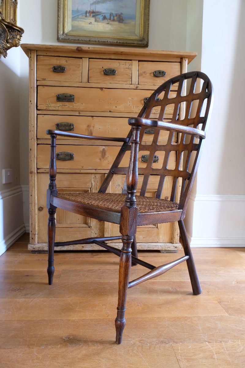 Rare Edwardian bentwood lattice back armchair attributed to Jas Shoolbred with pierced Arts & Crafts design 