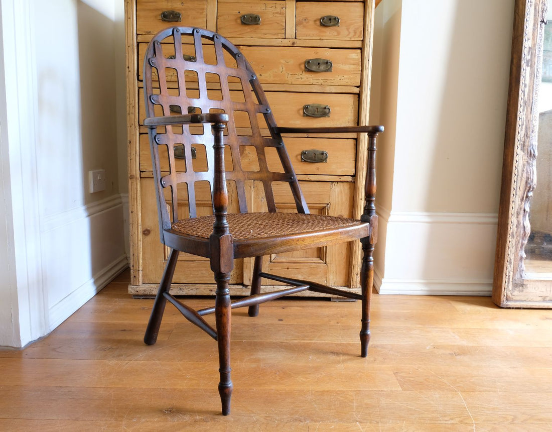 Rare Edwardian bentwood lattice back armchair attributed to Jas Shoolbred with pierced Arts & Crafts design 