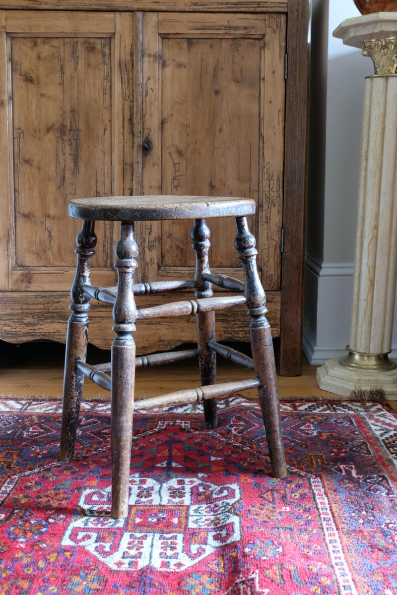 Victorian Elm Oval Top Stool On Four Turned Legs