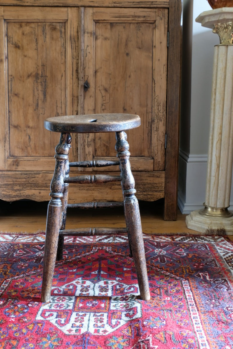 Victorian Elm Oval Top Stool On Four Turned Legs