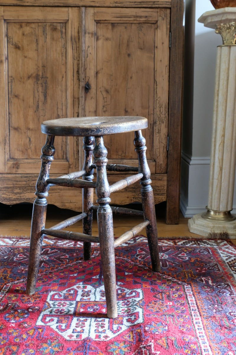 Victorian Elm Oval Top Stool On Four Turned Legs