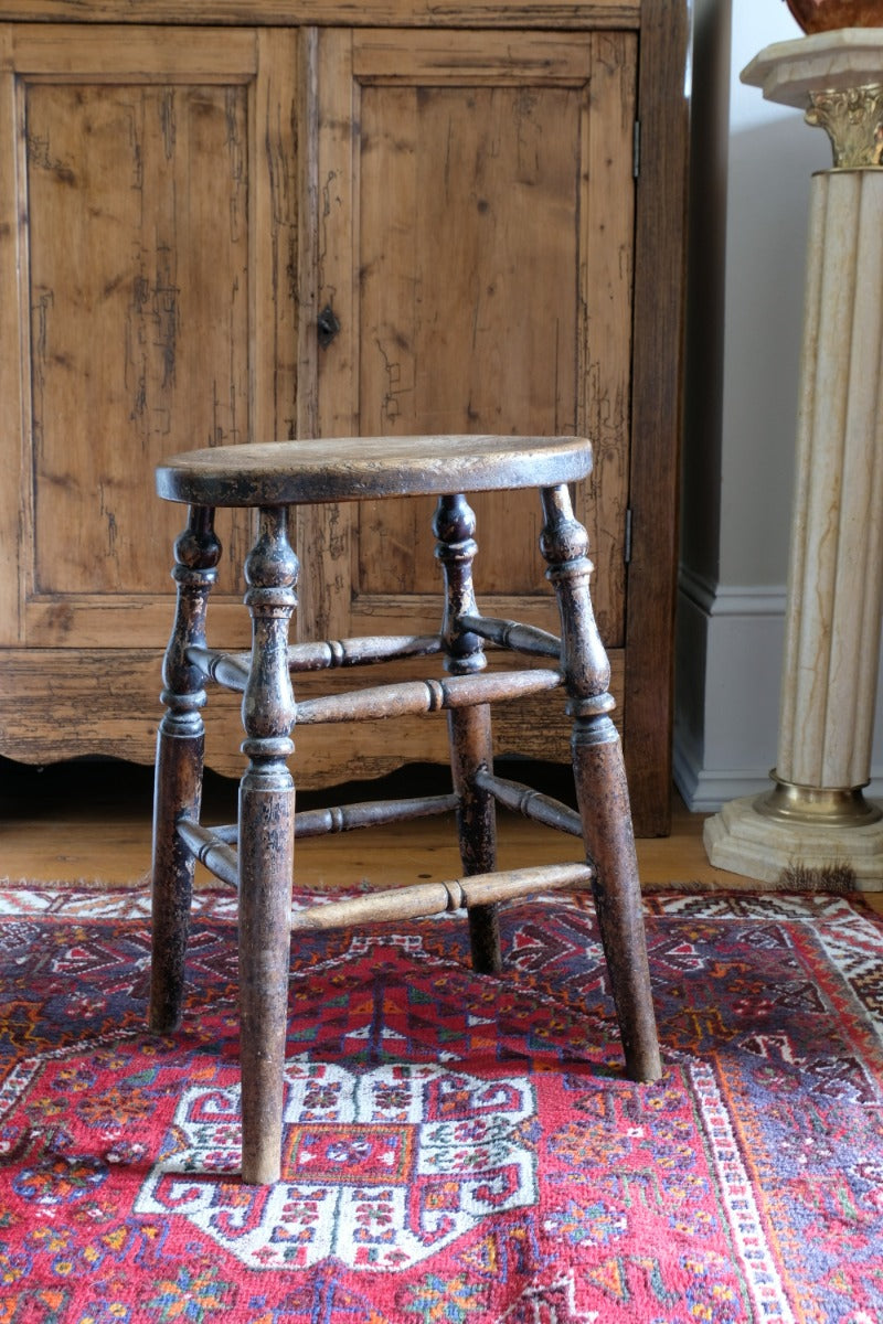 Victorian Elm Oval Top Stool On Four Turned Legs