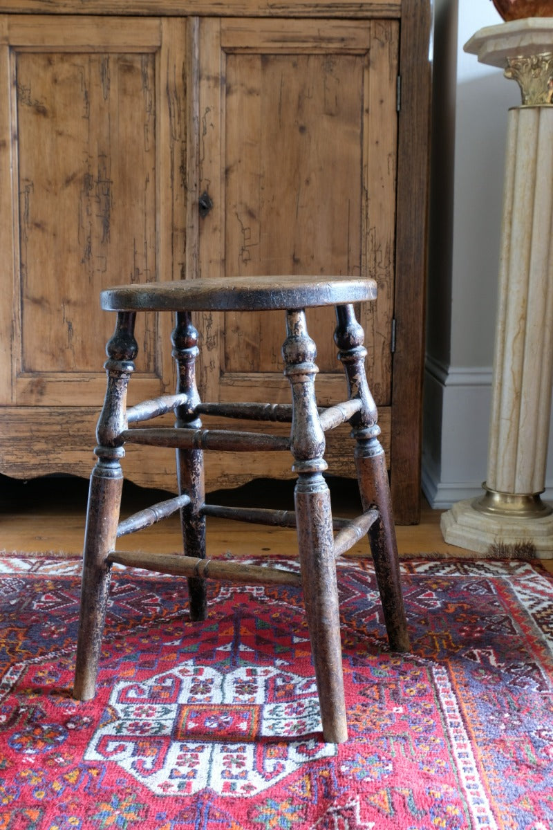 Victorian Elm Oval Top Stool On Four Turned Legs