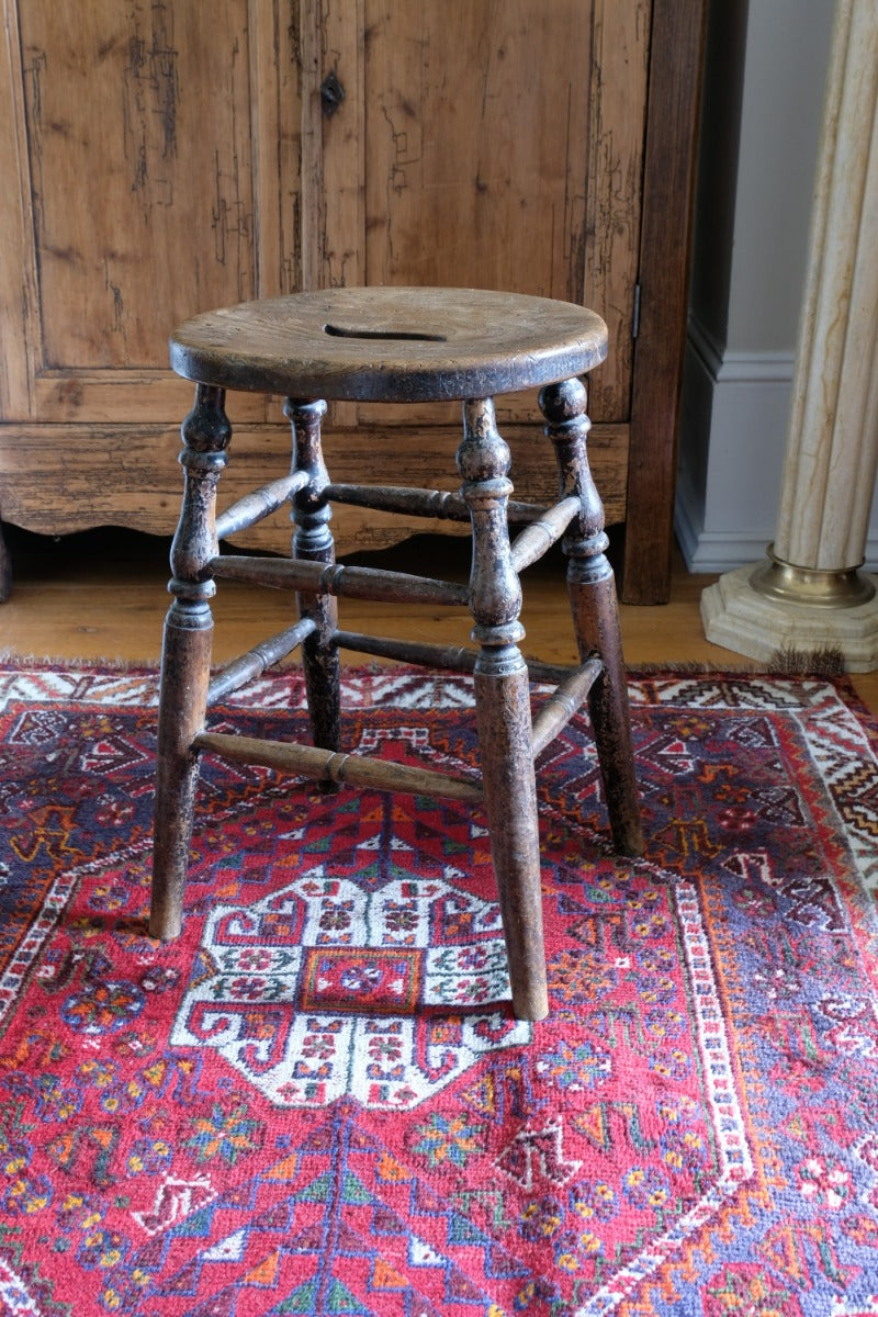 Victorian Elm Oval Top Stool On Four Turned Legs