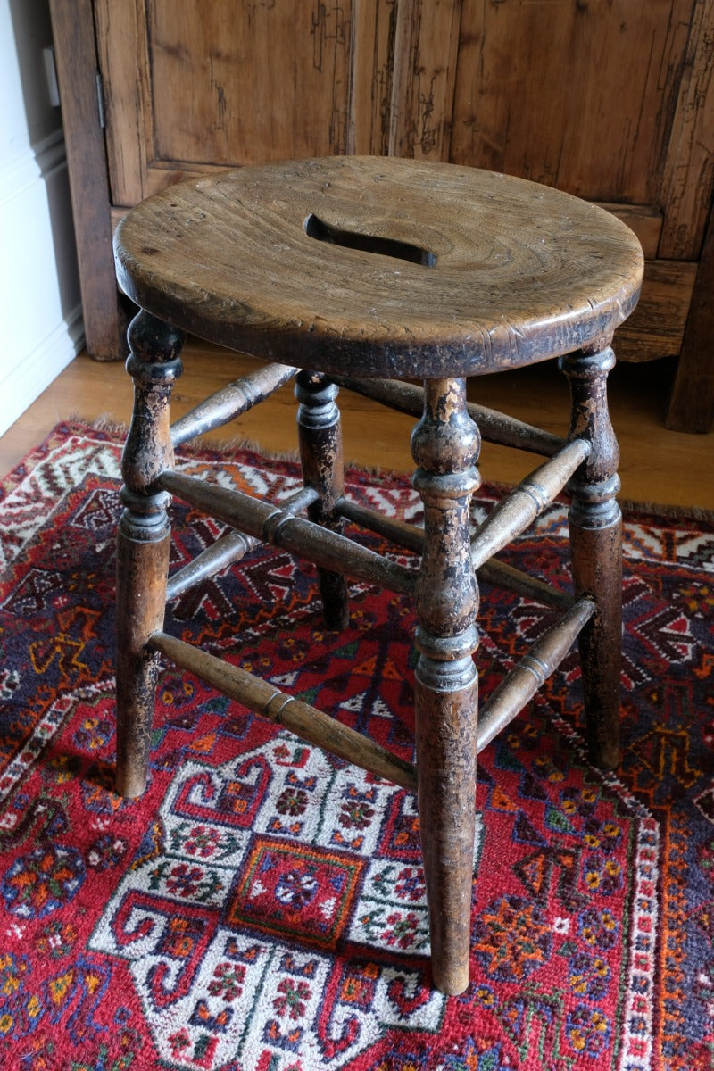 Victorian Elm Oval Top Stool On Four Turned Legs