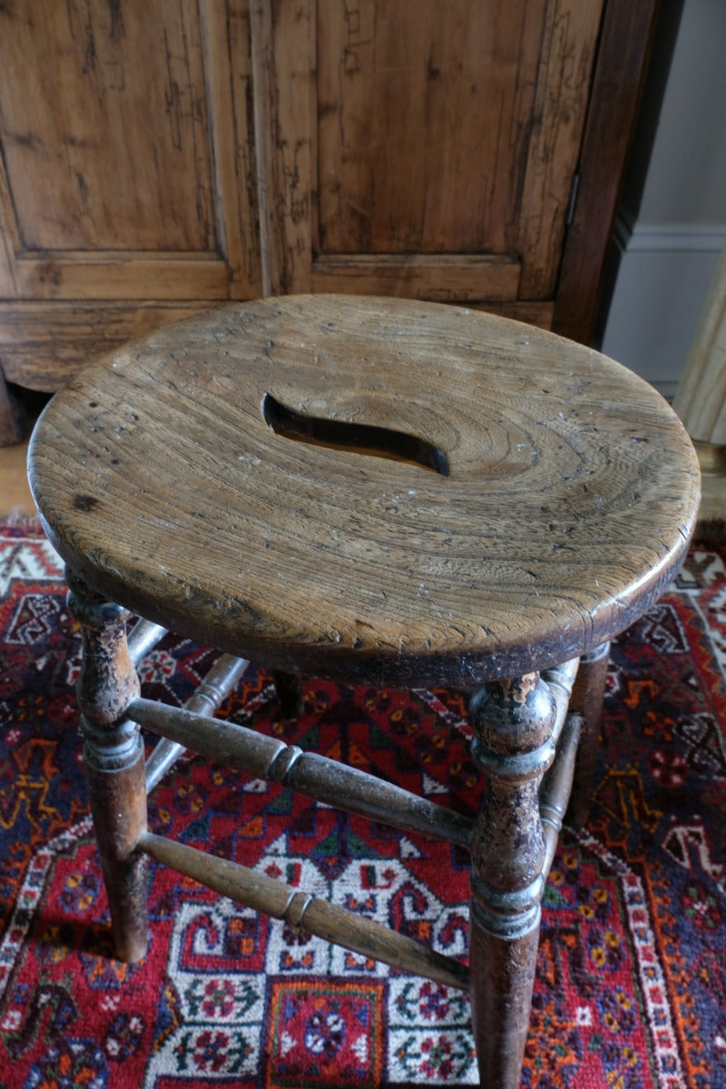 Victorian Elm Oval Top Stool On Four Turned Legs