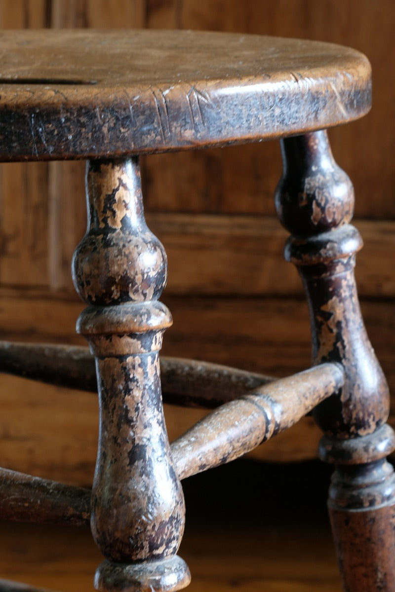 Victorian Elm Oval Top Stool On Four Turned Legs